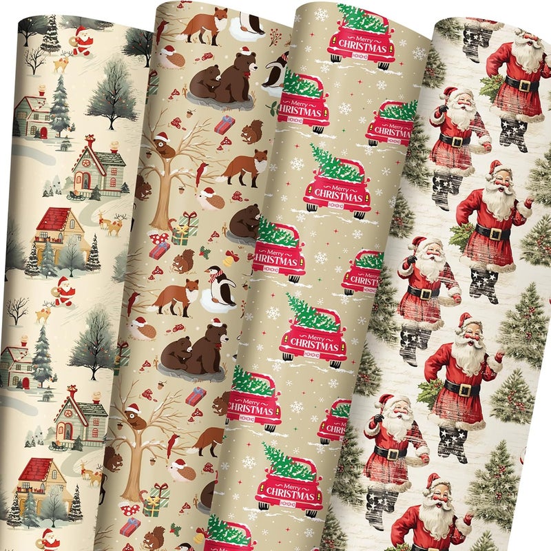 ZINTBIAL Vintage Christmas Wrapping Paper for Kids Adults - Xmas Wrapping Paper with Retro Santa, Red Truck, Woodland Animals, Country Scene Designs - 28 x 40 Inches, 6 Jumbo Sheets - Easy to Store - Image 1